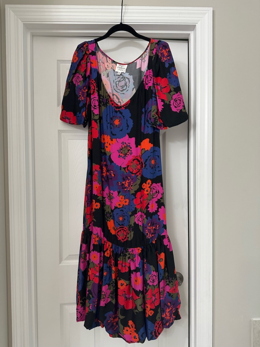 Tracy Reese Black Midi Dress with Pink, Blue & Orange Floral Print